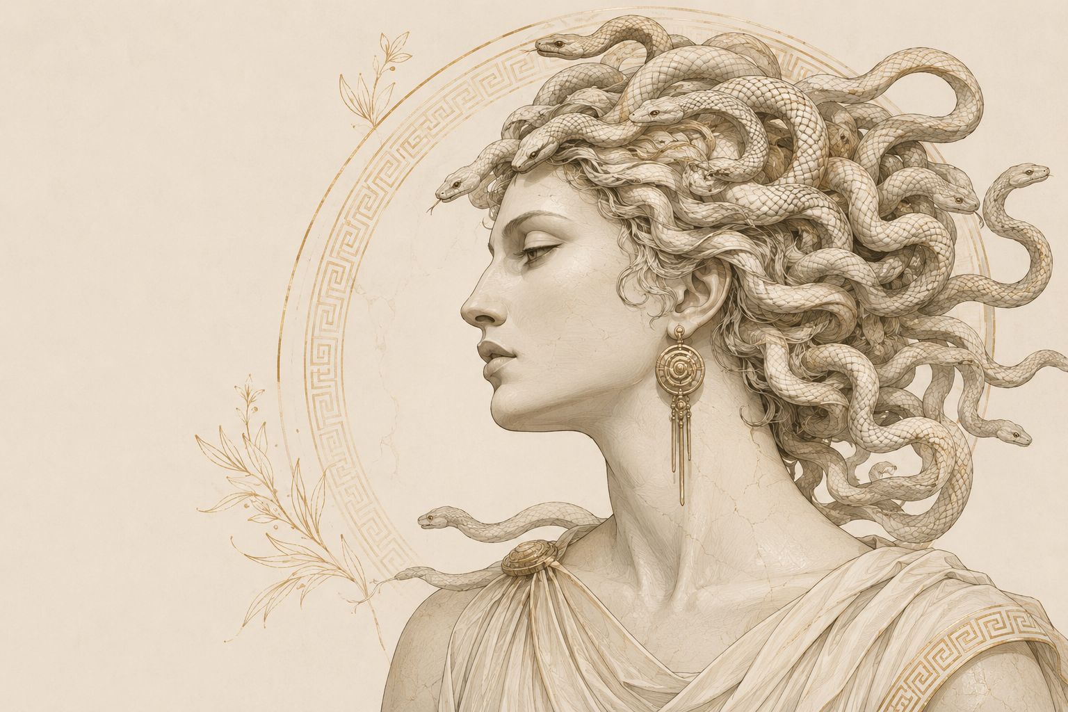 Medusa sculpture — kintsugi gold, serpent crown, crimson roses
